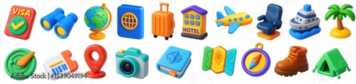 set of  Colorful 3D icons illustrating travel and tourism elements like visas, binoculars, globes, passports, and suitcases create a vibrant visual for vacation planning and exploration