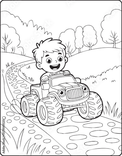 Beautiful cartoon monster truck with a kid black and white line art vector for children coloring page