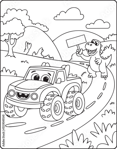 Beautiful cartoon monster truck with a cute dinosaur on natural road black and white line art vector for children coloring page