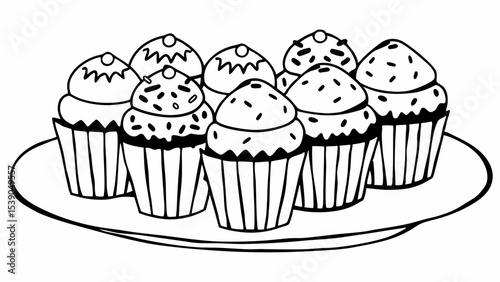 Vector illustration of an assortment of delicious cupcakes on a plate