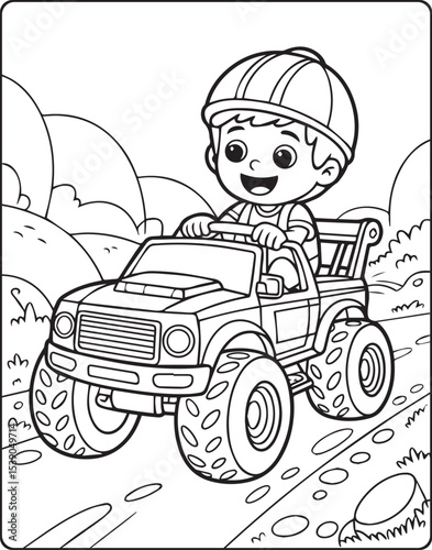 Beautiful cartoon monster truck with a kid black and white line art vector for children coloring page