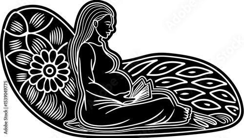 Vector illustration of a pregnant woman sitting gracefully amidst floral patterns