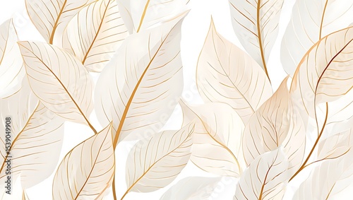 Elegant Botanical Illustration White and Gold Leaves Seamless Pattern