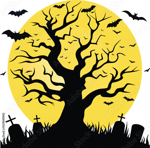Spooky Halloween Night Illustration with Tree Bats Moon and Tombstones