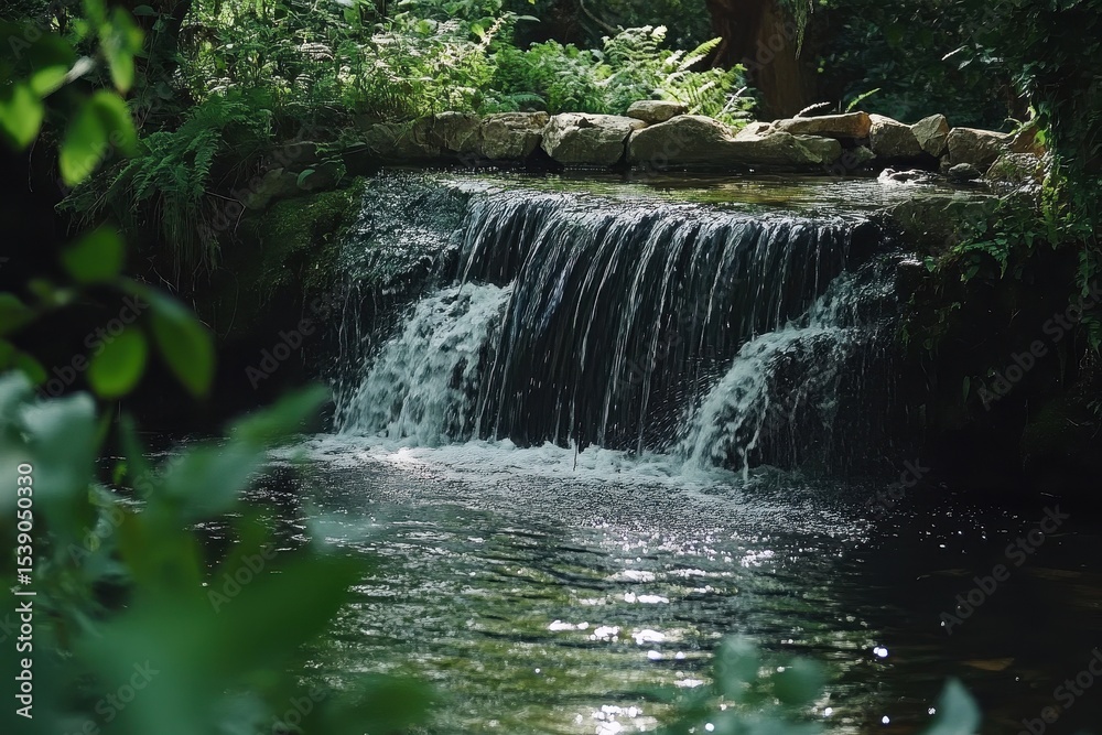 Obraz premium Breathtaking creek with a serene waterfall surrounded by lush greenery in a peaceful outdoor setting, Outdoors wild nature landscape Creek with waterfall in Australia woods