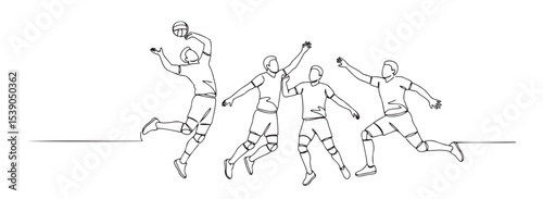 Line Art of Four Basketball Players Celebrating a Score, Dynamic Action