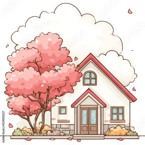 Charming house surrounded by cherry blossoms spring scene digital art cozy vibe bright colors