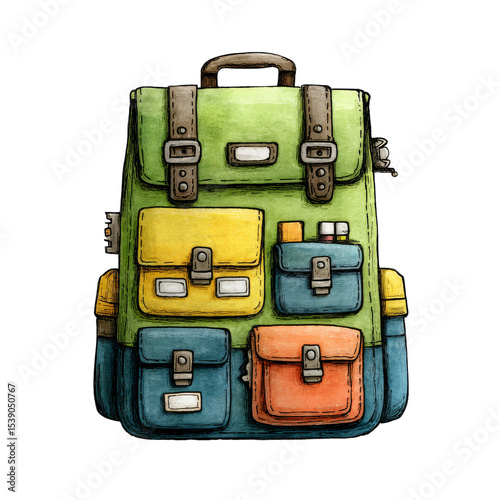 Backpack adventure urban setting illustration vibrant colors close-up view travel concept