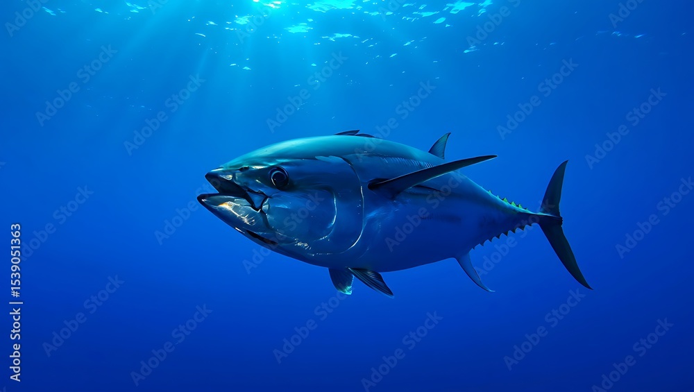 A bluefin tuna swimming in the deep blue ocean with sunlight streaming from the surface above it A bluefin tuna swimming in the deep blue ocean with sunlight streaming from the surface above it