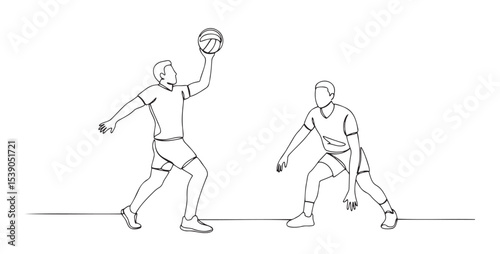 Line Art of Two Basketball Players, One Passing While the Other Defends, Dynamic Action