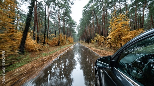 Driving through autumn forest on wet road with reflections during rainy day captured from moving car window view