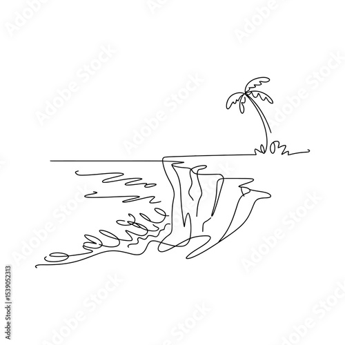 Line Drawing of Ocean Cliff with Palm Tree