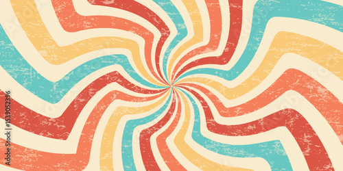 Spiral retro pattern background. Swirl groovy vector sun rays. Psychedelic radial burst with grunge texture. 70s starburst hypnotic illustration. Vintage circular abstract colorful bg