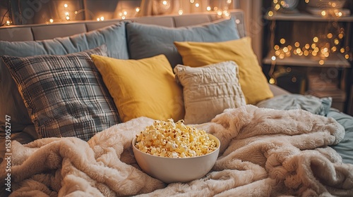 Warm cozy bedroom with soft pillows fuzzy blanket and bowl of popcorn in soft glowing evening string lights