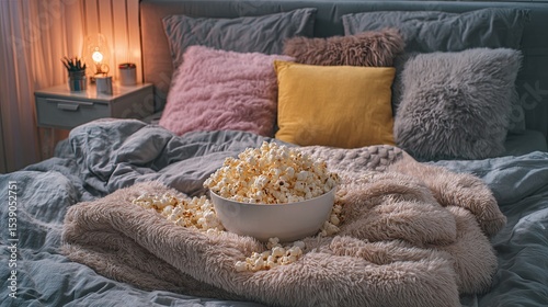 Cozy bedroom interior with soft pillows warm blanket and bowl of popcorn on bed in evening ambient light