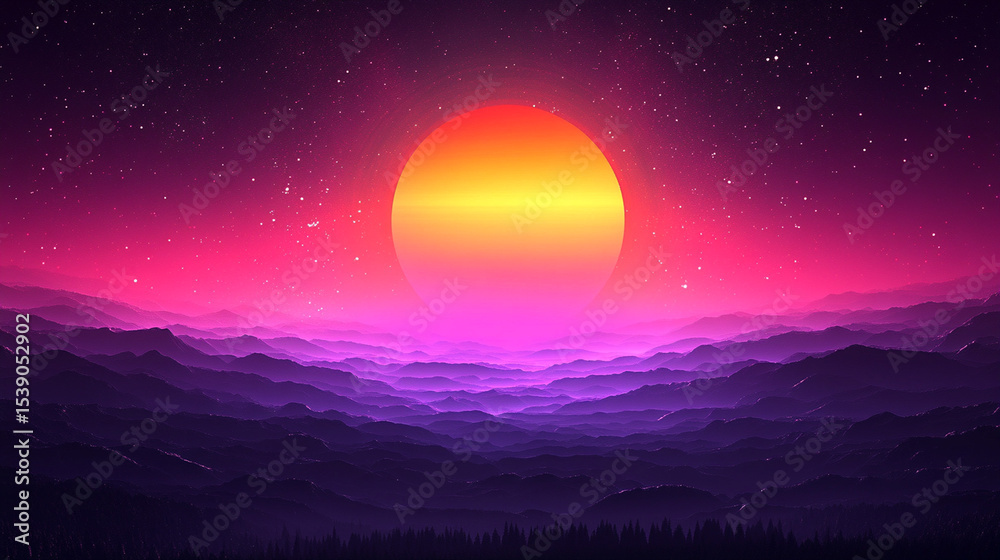 Fototapeta premium Retro sunset over misty mountains, starry night