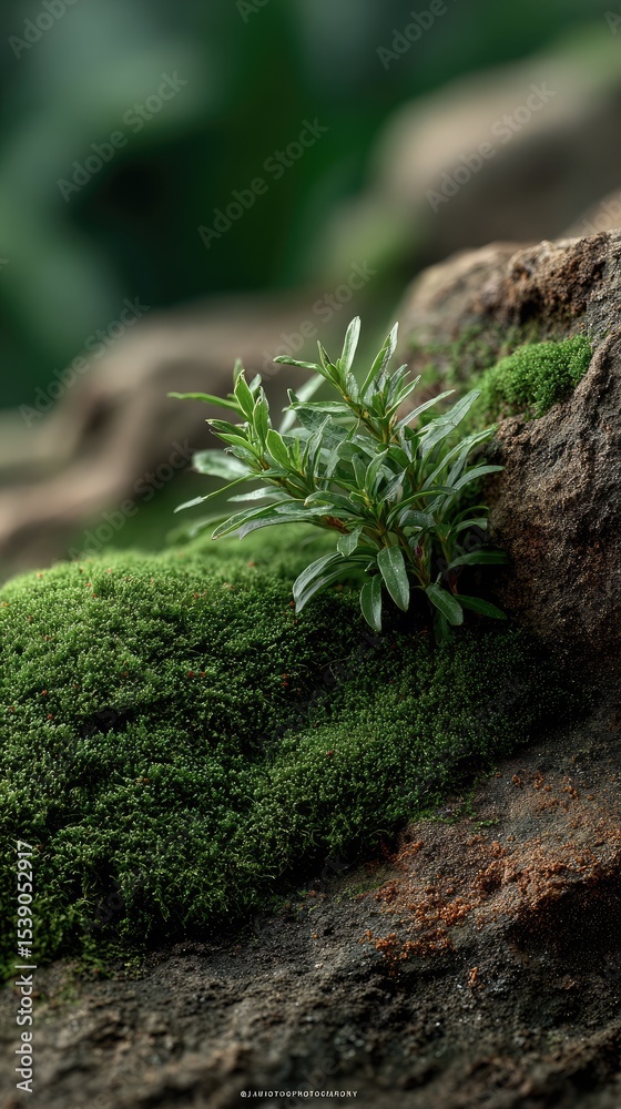 Fototapeta premium Delicate green leaves sprout from a mossy base in a tranquil forest, showcasing nature's beauty in vibrant natural light