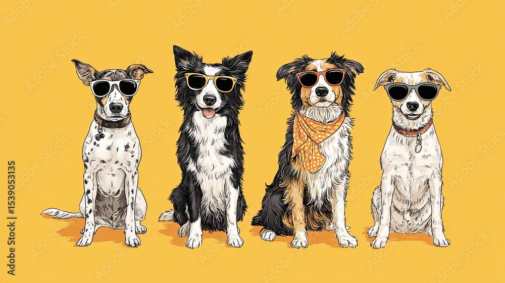 Obraz premium Cool cartoon dogs wearing sunglasses and bandanas posing together on yellow background, funny pet illustration