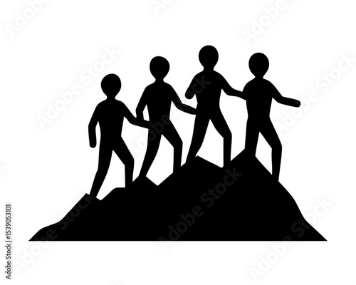 Five Climbers Reaching Mountain Summit Silhouette - Teamwork Success Concept, Business Motivation Vector Isolated on White