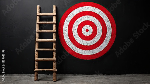 Wooden ladder leaning against black wall with red and white bullseye target symbolizing goal and success