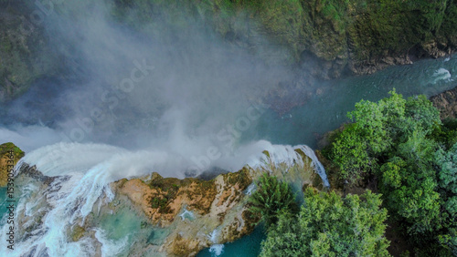 Aerial drone shot of a waterfall in the jungle of La Huasteca Potosina, Mexico.
