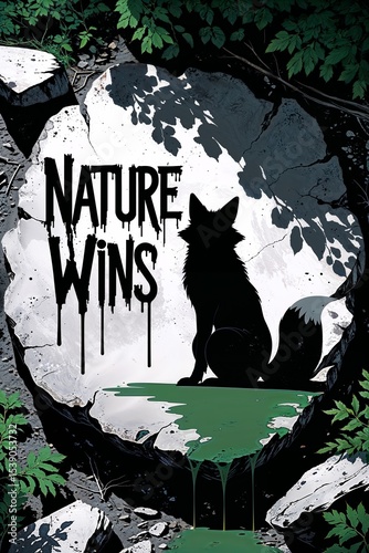 Beautiful illustration of a fox in a thriving forest, representing the fight against climate change. A call to protect animals and nature’s space so they can reclaim their rightful place. “NATURE WINS