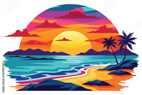 Vibrant Sunset Beach Scene Tropical Paradise Illustration