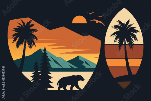 Black Silhouette California Sunset Bear Palm Trees Surfboard Vector Graphic