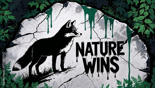 Detailed artwork showing a fox in a vibrant natural landscape, symbolizing the urgent need to protect ecosystems from climate change and let nature regain ground. “NATURE WINS” shines as a hopeful mes