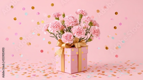 Pink carnation flowers in gift box with golden bow on pastel background with confetti celebration decor
