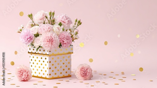 Elegant gift box with pink and white flowers and golden confetti on pastel pink background, celebration