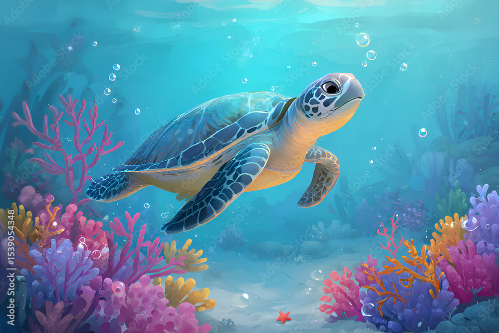 Obraz premium Sea turtle swimming in colorful coral reef