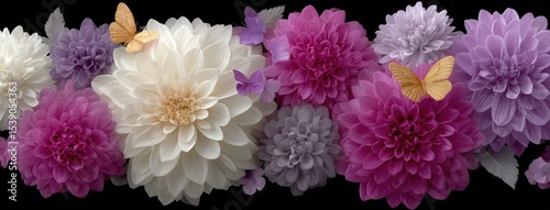 Delicate butterflies rest on blooming white peonies, showcasing vibrant colors and intricate details amidst a dark, moody backdrop