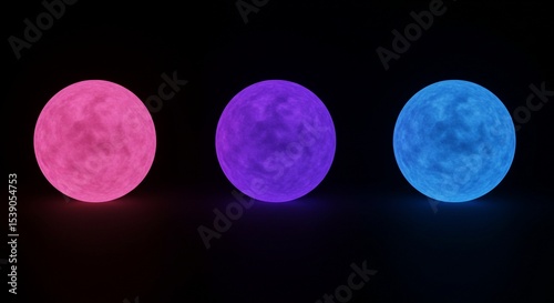 Pink Purple Blue Illuminated Spheres in Dark Room
