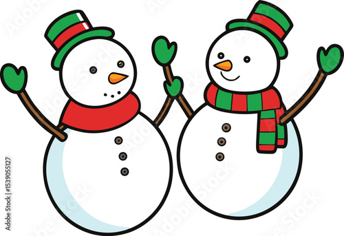 Two Cheerful Snowmen with Hats and Scarves on a White Background