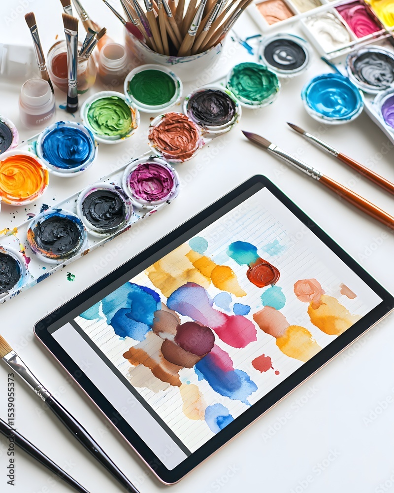 Naklejka premium Tablet with a drawing of a colorful swirl of paint on it