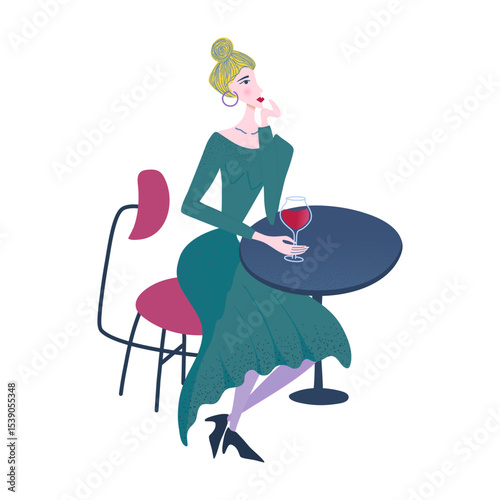 Young woman holding red wine glass in hand, sitting on modern chair at table. Girl tasting and enjoying alcohol. Isolated person in bar or cafe. Flat design graphic vector illustration. 