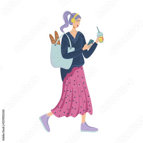 Young woman going with lemonade in hand, carrying baguettes in bag, texting and listen to music. Modern style girl in casual clothing, holding cold beverage in takeaway mug. Flat design illustration.
