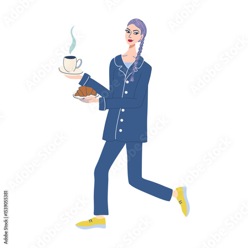 Waitress running to bring the order. Girl with cup of coffee and croissant in her hands. Restaurant staff. Cute stylish character. Hand drawn vector illustration for menu and social media design.