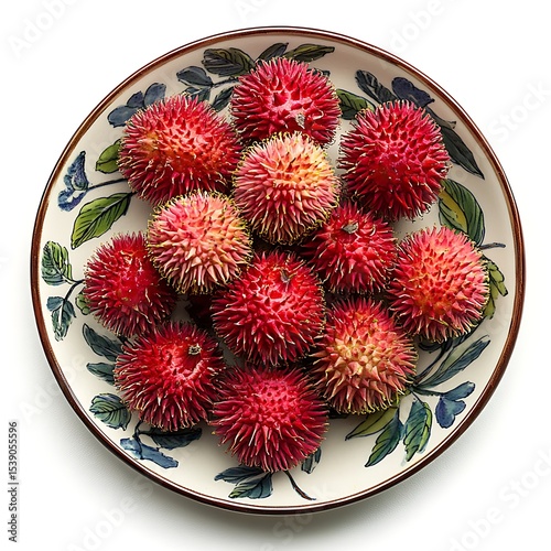 Exotic rambutan fruits on a decorative plate, their vibrant red shells covered in soft spines create an enticing display