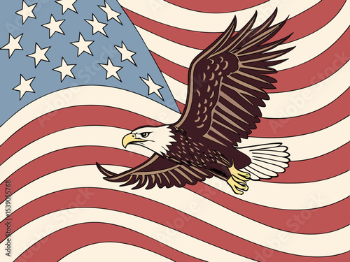 American bald eagle in flight against waving flag