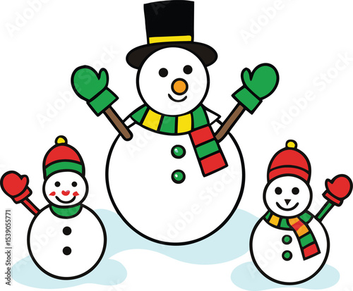 Cheerful Snowman Family Illustration with Colorful Scarves and Mittens on White Background
