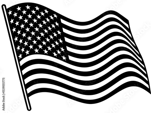 Waving american flag black and white illustration