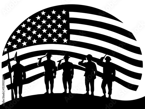 American flag with silhouetted soldiers saluting