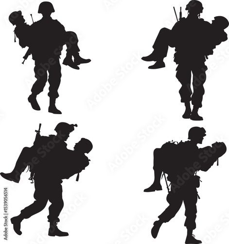 Silhouette of Soldiers Carrying Injured Comrades, Representing Heroism, Military Service, and Sacrifice, Perfect for Military, War, and Emergency Medical Designs