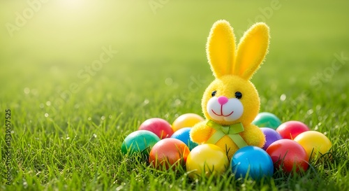 Decorative yellow rabbit toy surrounded by vibrant eggs on a fresh grass field
