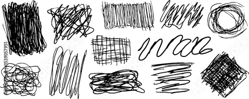 Abstract collection of twelve hand-drawn broken grid fragments for graphic design