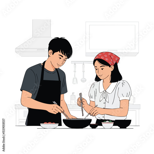 Minimalist Flat Illustration of Couple Cooking Together in Kitchen Scene