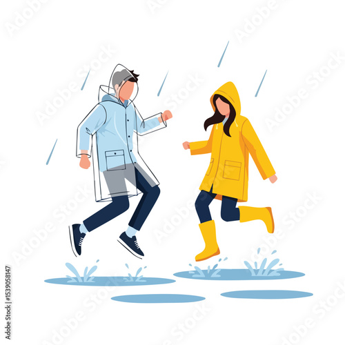 Flat Style Active Couple Playing in the Rain Illustration Character