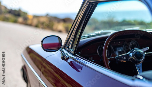 Closeup of a maroon classic car, showing its glossy paint, chrome details, and wooden steering wheel. Evokes nostalgia and vintage aesthetics. Great for travel, automotive themes.